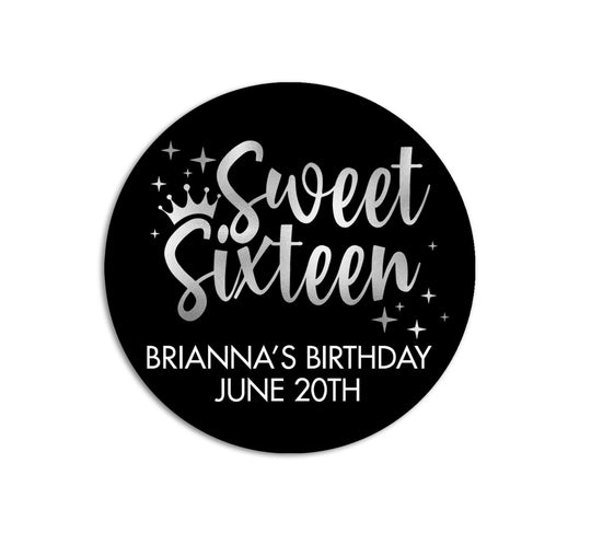 Sweet Sixteen Birthday Party Stickers, 16th Black Silver Glitter Birthday Labels, Happy Birthday Favor, Personalized Sweet 16 Birthday Party