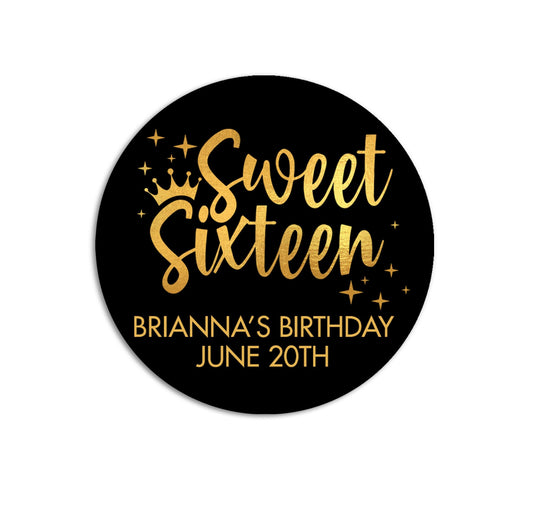 Sweet Sixteen Birthday Party Stickers, 16th Black Gold Glitter Birthday Labels, Happy Birthday Favor, Personalized Sweet 16 Birthday Party
