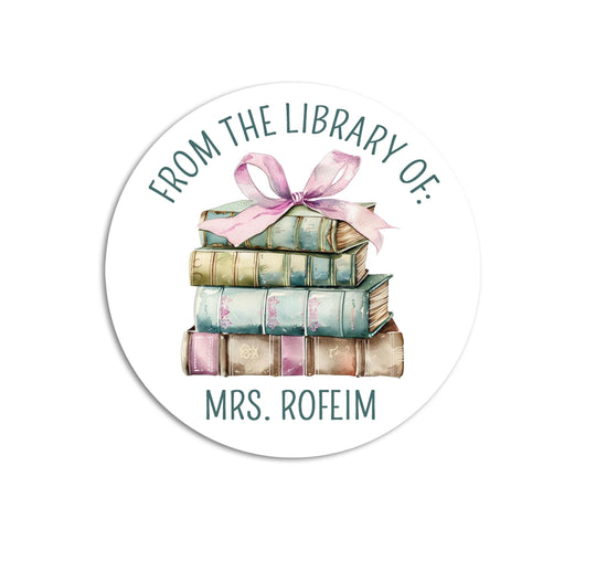 Teacher Book Labels, This Book Belongs to Stickers, Personalized Book Labels, From the Library of Stickers, Pink Bow Stack of Teal Book