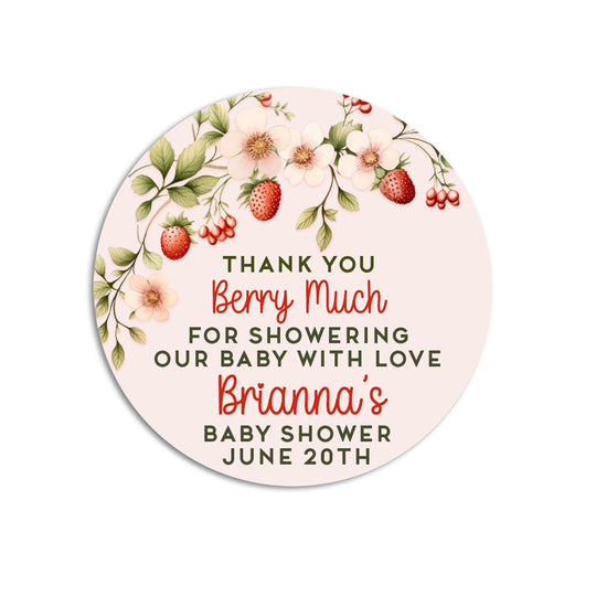Strawberry Baby Shower Sticker, Berry Much Baby Shower Labels, Thank You for Showering, Pink Red Berry Sweet, Printed Baby Shower Favors