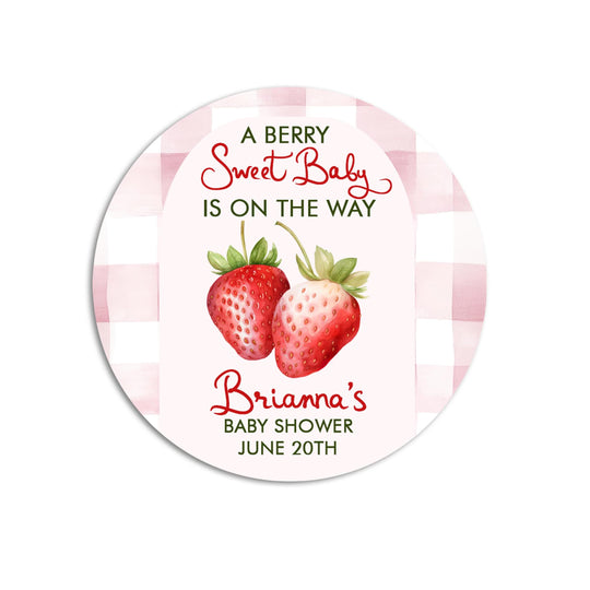Strawberry Baby Shower Sticker, Sweet Baby Baby Shower Labels, Thank You for Showering, Pink Red Berry Sweet, Printed Baby Shower Favors