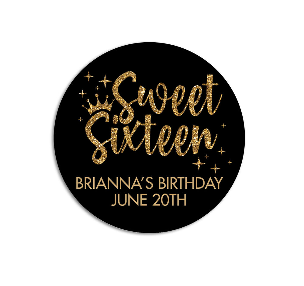 Sweet Sixteen Birthday Party Stickers, 16th Black Gold Glitter Birthday Labels, Happy Birthday Favor, Personalized Sweet 16 Birthday Party