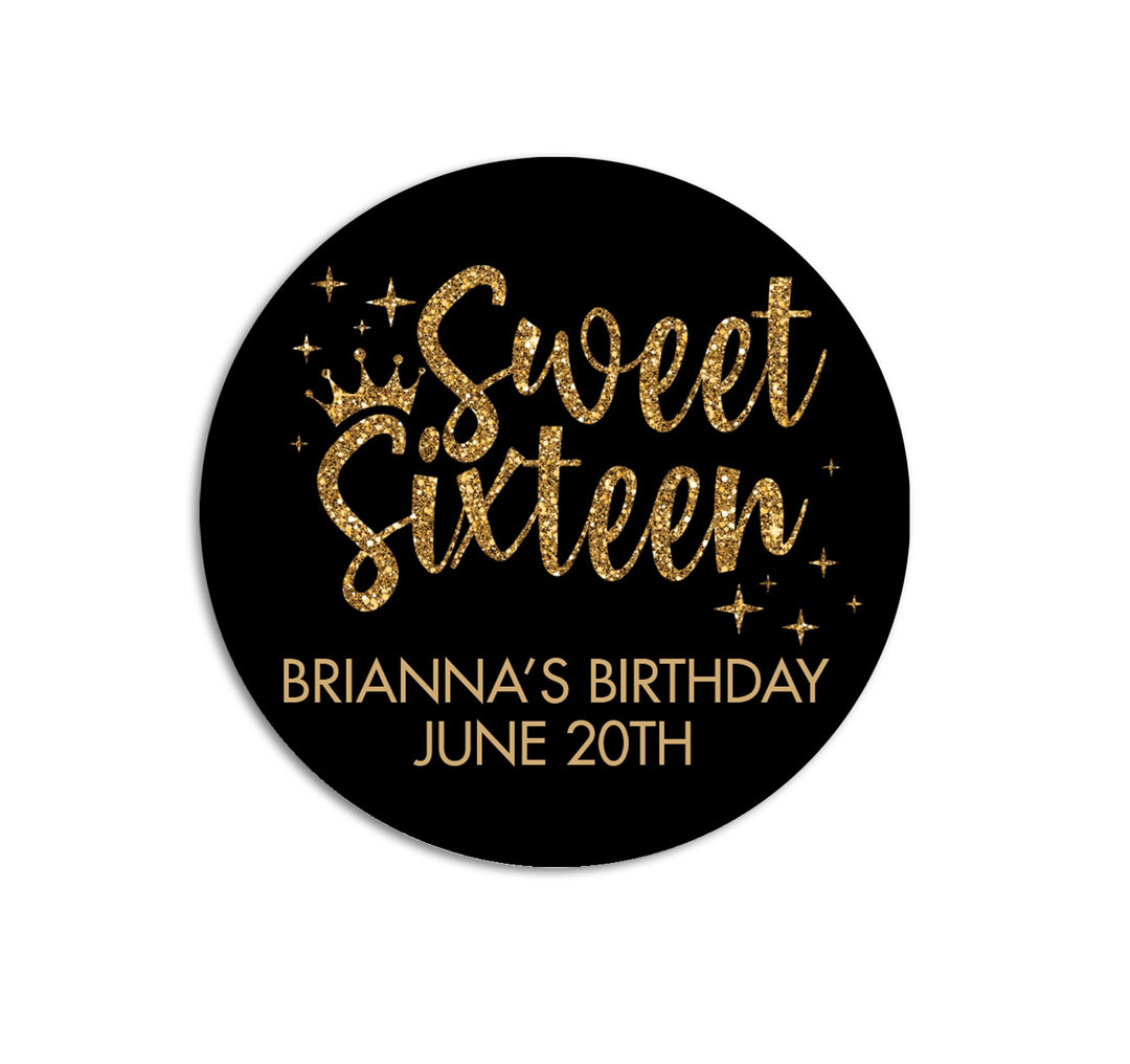 Sweet Sixteen Birthday Party Stickers, 16th Black Gold Glitter Birthday Labels, Happy Birthday Favor, Personalized Sweet 16 Birthday Party