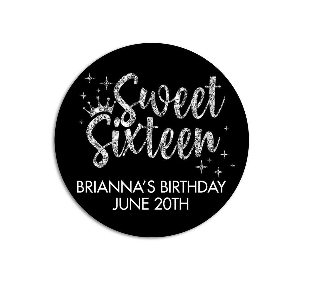 Sweet Sixteen Birthday Party Stickers, 16th Black Silver Glitter Birthday Labels, Happy Birthday Favor, Personalized Sweet 16 Birthday Party