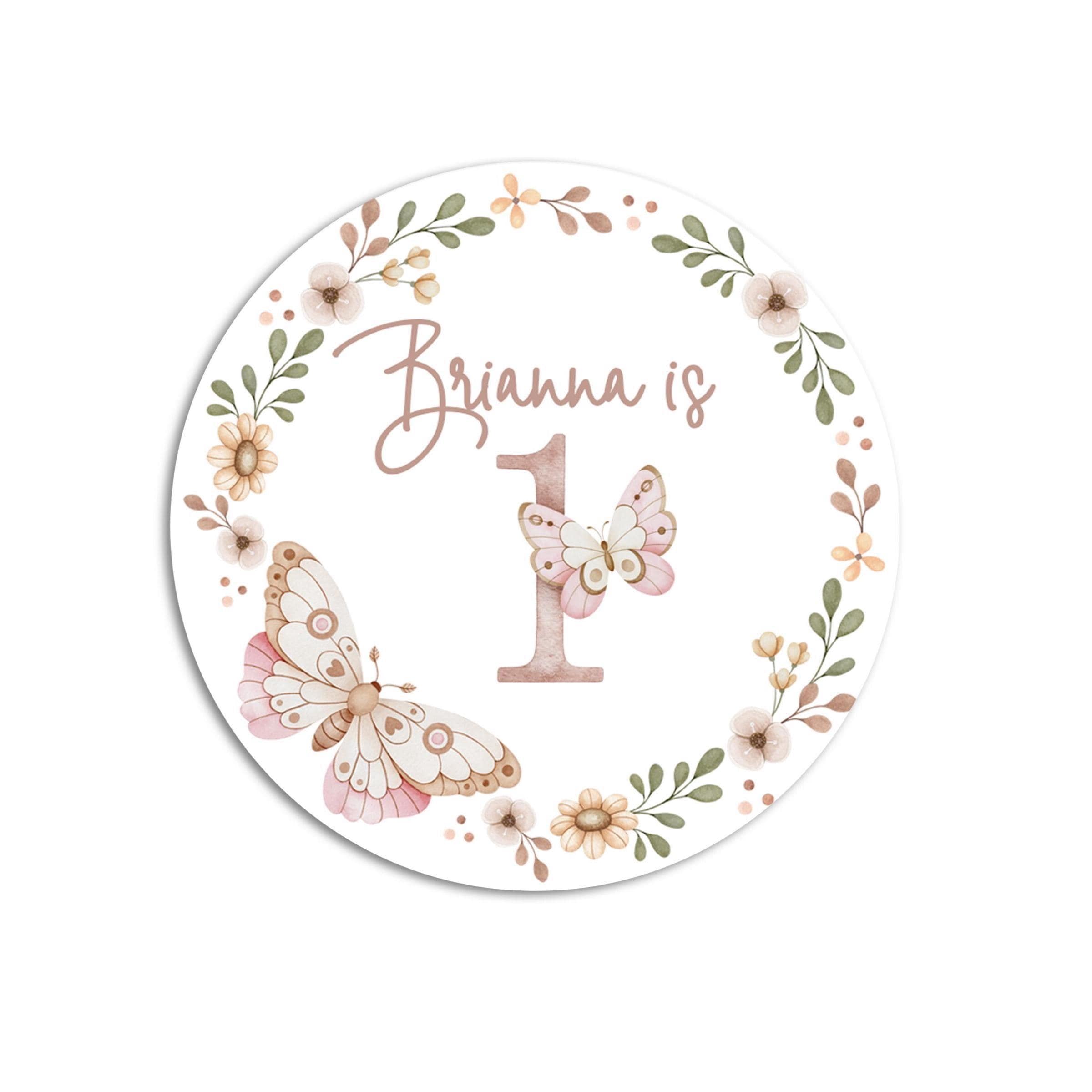 Butterfly 1st Birthday Party Stickers, Pink Fluttering By Birthday Labels, Happy First Birthday Favor, Personalized Turning One Girl Party