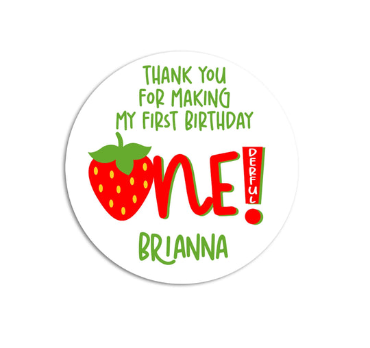 Strawberry Birthday Sticker, First Birthday Berry Labels, Thank You for a Onederful Party, Pink Red Berry Sweet, Printed Celebration Favors
