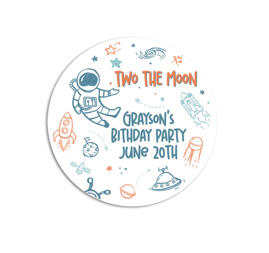 Two the Moon Birthday Stickers, Outer Space Personalized Party Labels, Astronaut Printed Stickers, 2nd Birthday Rocketship Favors
