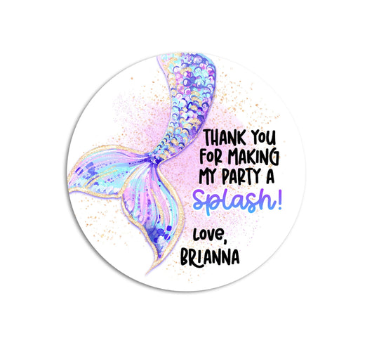 Mermaid Tail Birthday Stickers, Under the Sea Personalized Party Labels, Thank You for Making My Party a Splash Favor Stickers