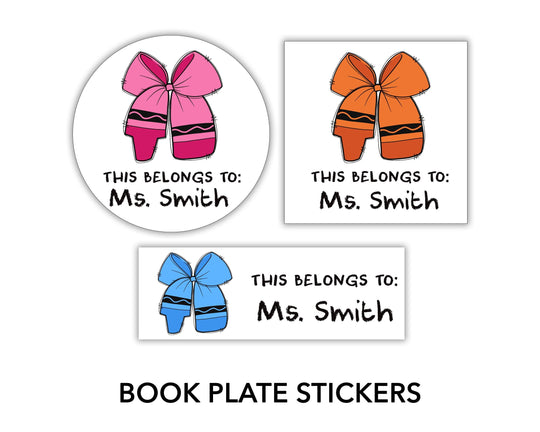 Teacher Crayon Bow Labels, Personalized Bookplate Stickers, Personalized Name Labels, From the Library of Book, This Book Belongs to