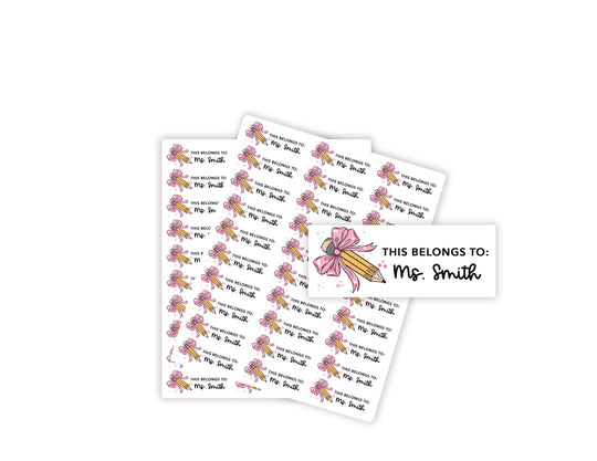 Personalized Teacher Bow & Pencil Book Labels, From the Library Of, Custom Name Stickers for Class Supplies Organization, Teacher Gifts, Classroom Decor
