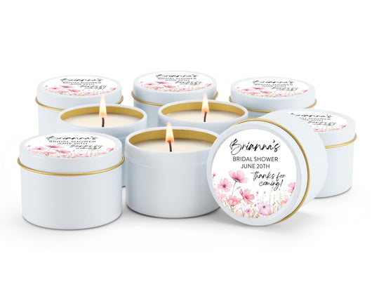 Pink Flowers Wedding Favors, Bulk for Guests, Blush Floral Candle Favors, Set of 10 Candle Tins, Personalized Wedding Gift, 4oz White Tin