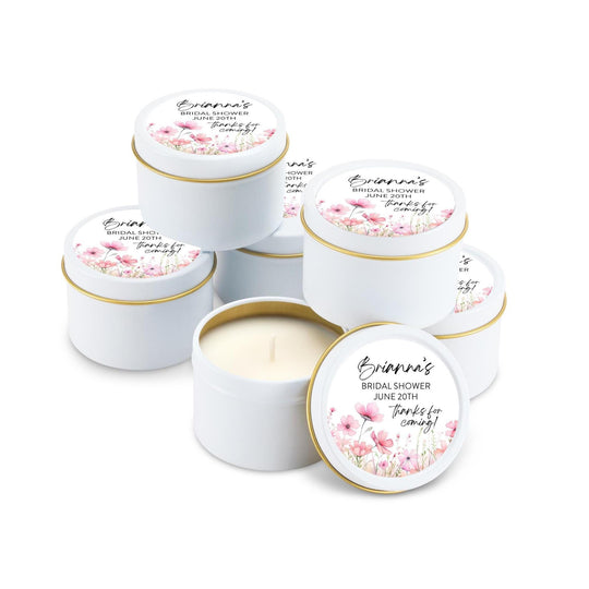Pink Flowers Wedding Favors, Bulk for Guests, Blush Floral Candle Favors, Set of 10 Candle Tins, Personalized Wedding Gift, 4oz White Tin