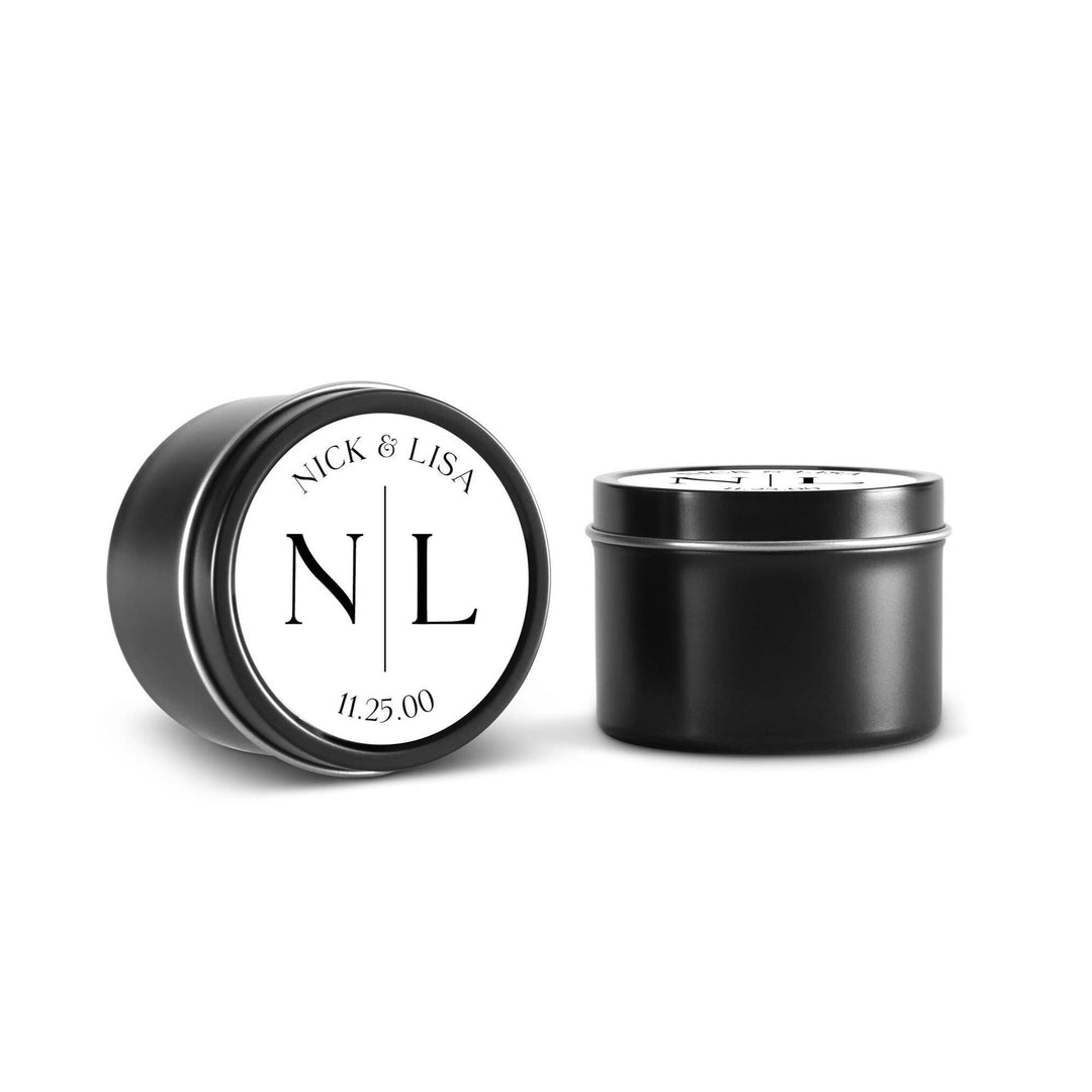 Couple Initial Wedding Favors, Bulk for Guests, Groom Bride initials Candle, Set of 10 Candle Tins, Personalized Wedding Gift, 4oz Black Tin