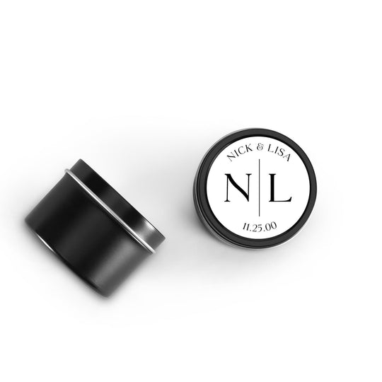 Couple Initial Wedding Favors, Bulk for Guests, Groom Bride initials Candle, Set of 10 Candle Tins, Personalized Wedding Gift, 4oz Black Tin