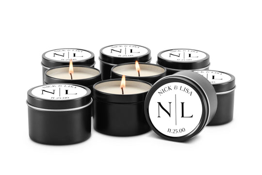 Couple Initial Wedding Favors, Bulk for Guests, Groom Bride initials Candle, Set of 10 Candle Tins, Personalized Wedding Gift, 4oz Black Tin