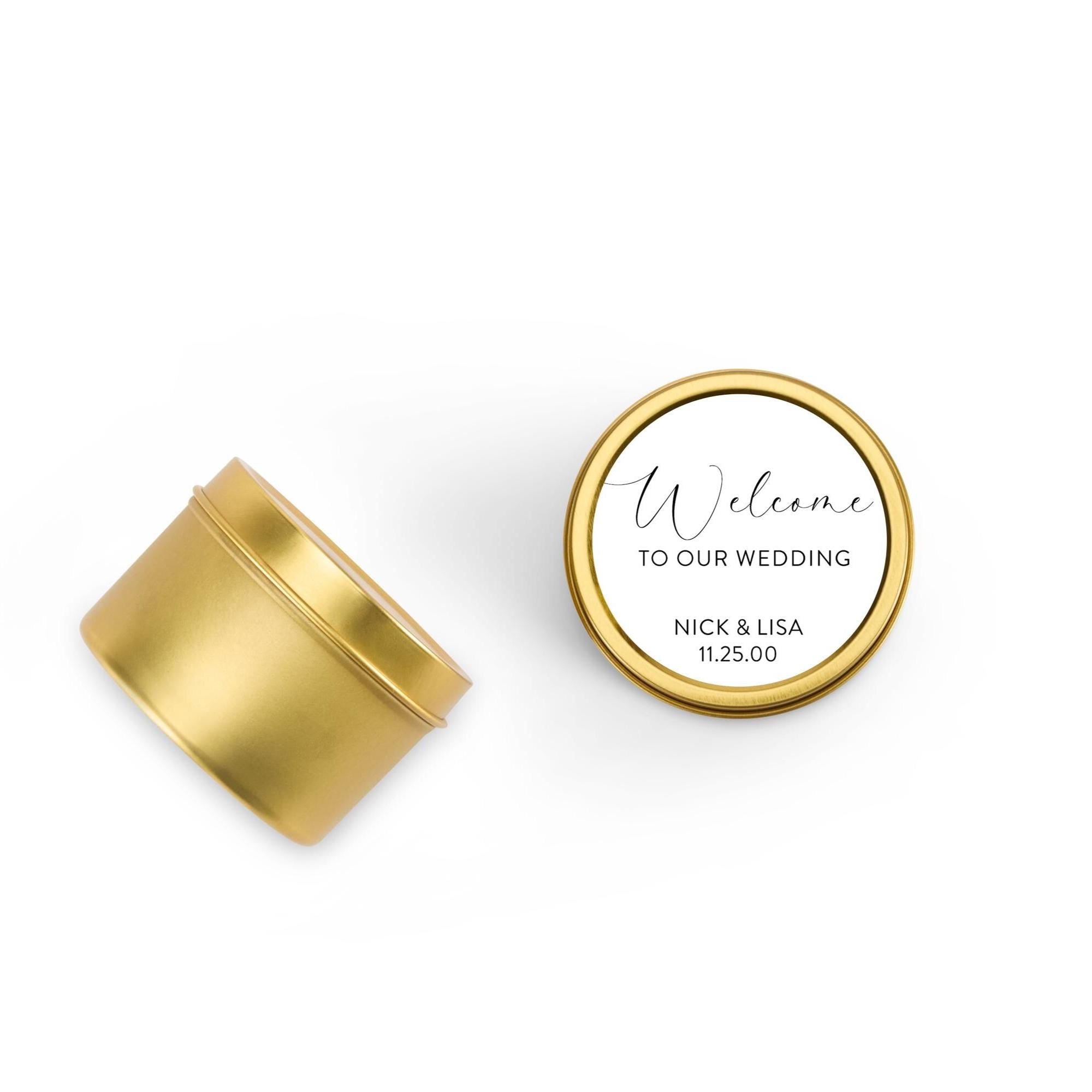 Welcome Wedding Favors, Candle Favors for Guests, Set of 10 Candle Tins, Personalized Wedding Gift, 4oz Gold Tin, BULK Candles