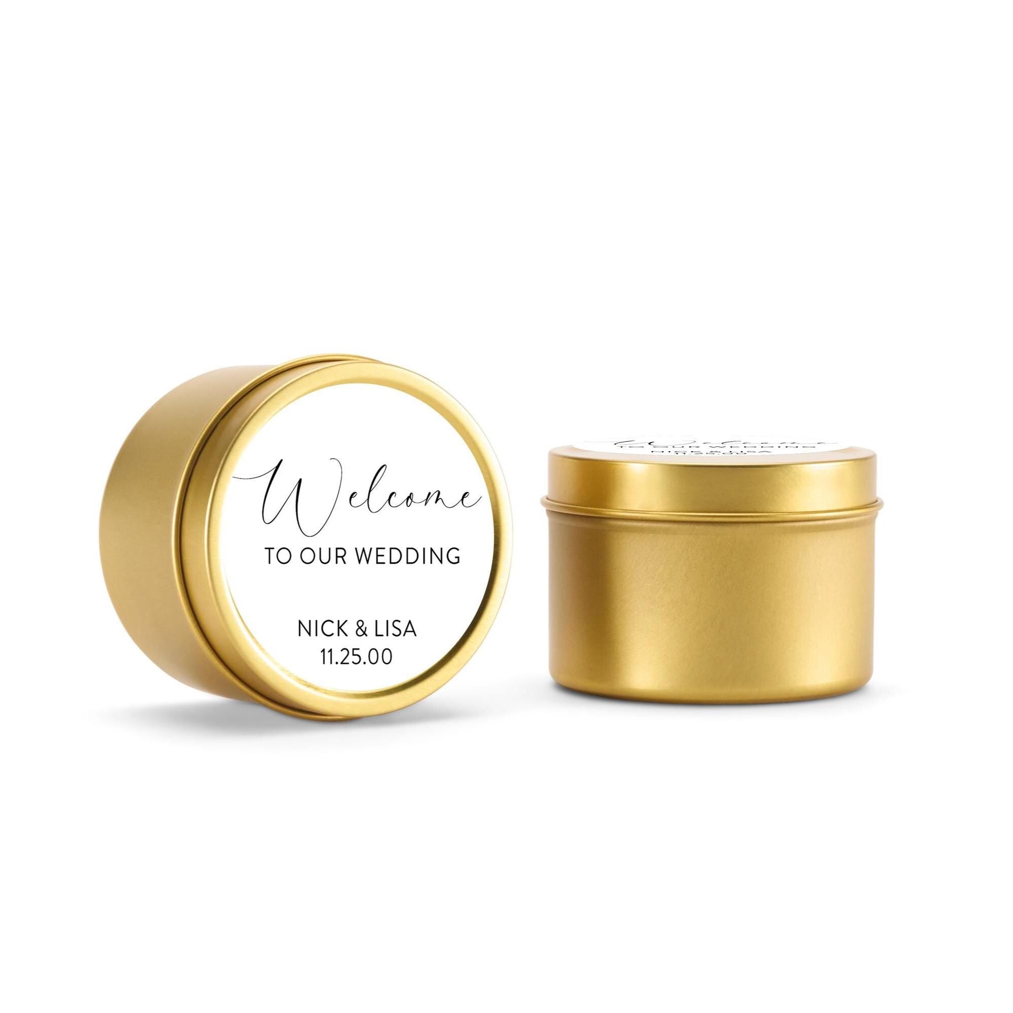 Welcome Wedding Favors, Candle Favors for Guests, Set of 10 Candle Tins, Personalized Wedding Gift, 4oz Gold Tin, BULK Candles