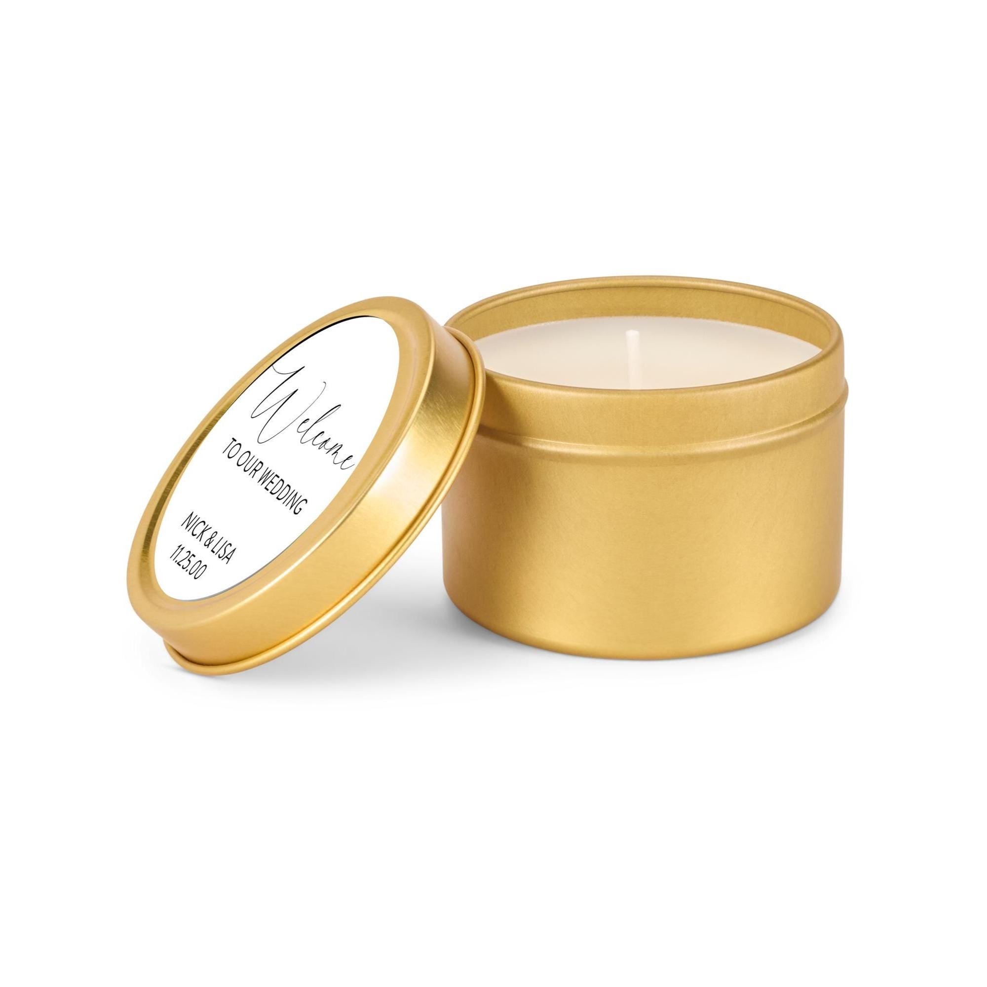 Welcome Wedding Favors, Candle Favors for Guests, Set of 10 Candle Tins, Personalized Wedding Gift, 4oz Gold Tin, BULK Candles