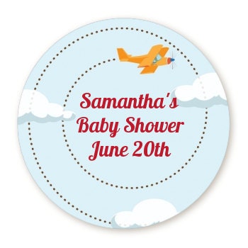 Airplane in the Clouds Baby Shower Stickers, Boy Favor Stickers, Thank You Stickers Baby Shower Favors, Biplane Round Stickers for Favor