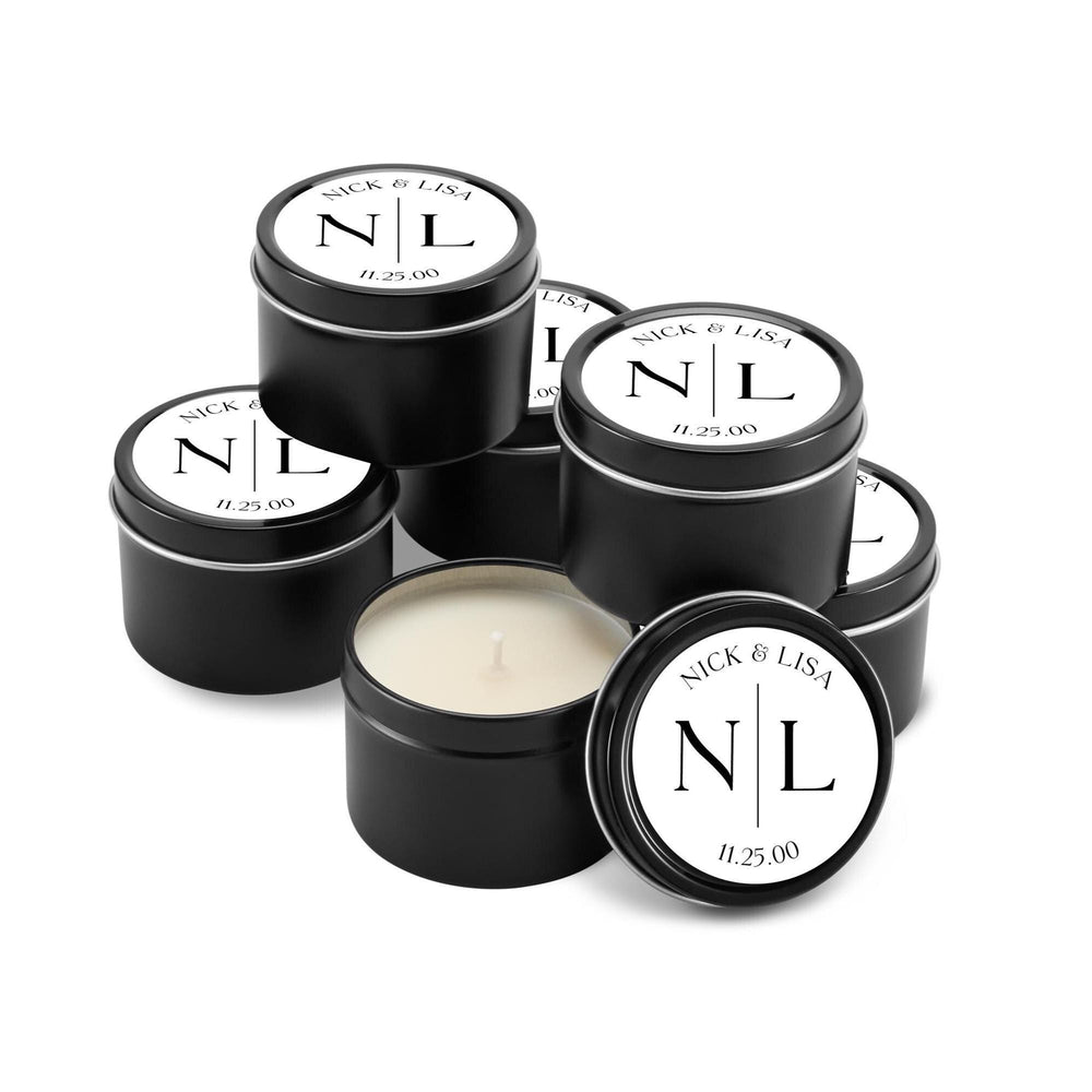 Couple Initial Wedding Favors, Bulk for Guests, Groom Bride initials Candle, Set of 10 Candle Tins, Personalized Wedding Gift, 4oz Black Tin