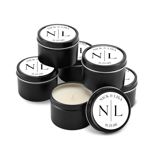 Couple Initial Wedding Favors, Bulk for Guests, Groom Bride initials Candle, Set of 10 Candle Tins, Personalized Wedding Gift, 4oz Black Tin