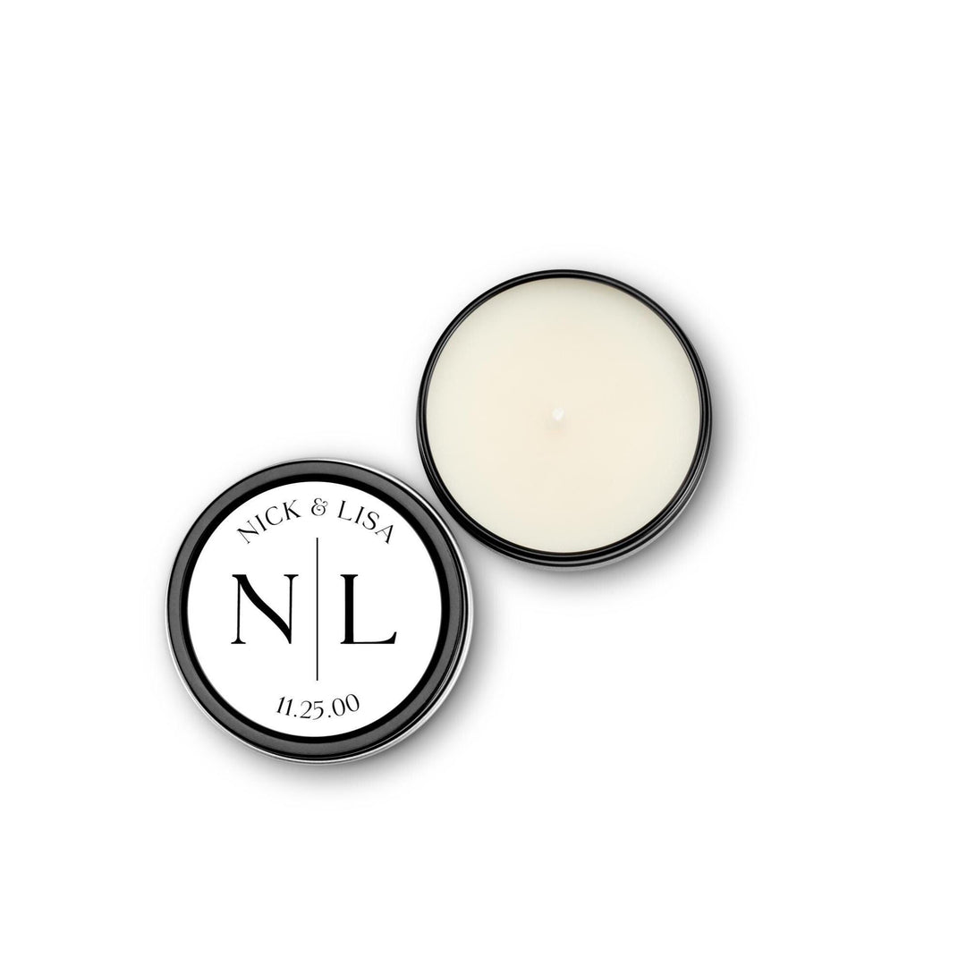 Couple Initial Wedding Favors, Bulk for Guests, Groom Bride initials Candle, Set of 10 Candle Tins, Personalized Wedding Gift, 4oz Black Tin