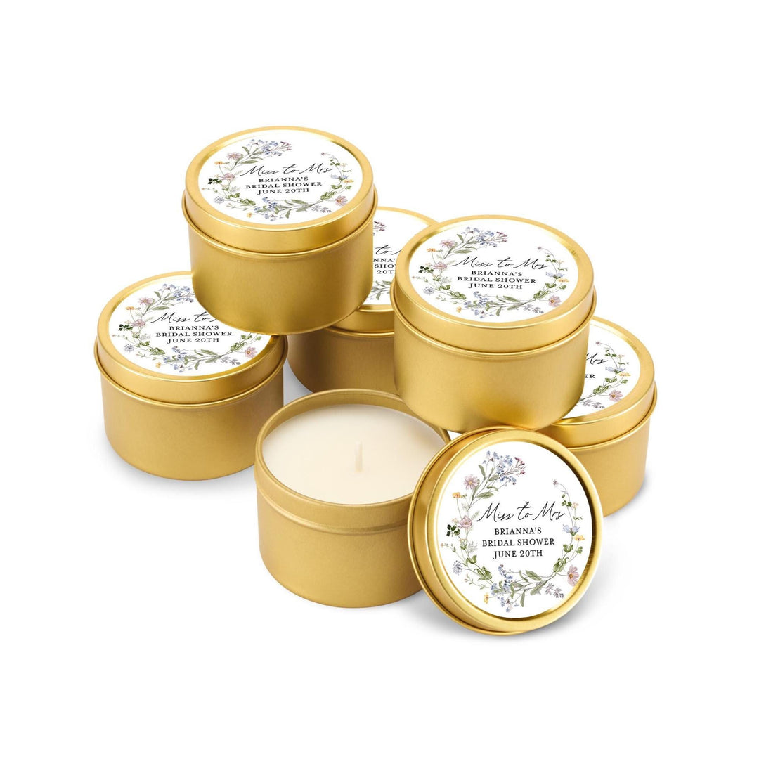 French Floral Wedding Favors, Bulk for Guests, Wildflowers Candle Favors, Set of 10 Candle Tins, Personalized Wedding Gift, 4oz Gold Tin