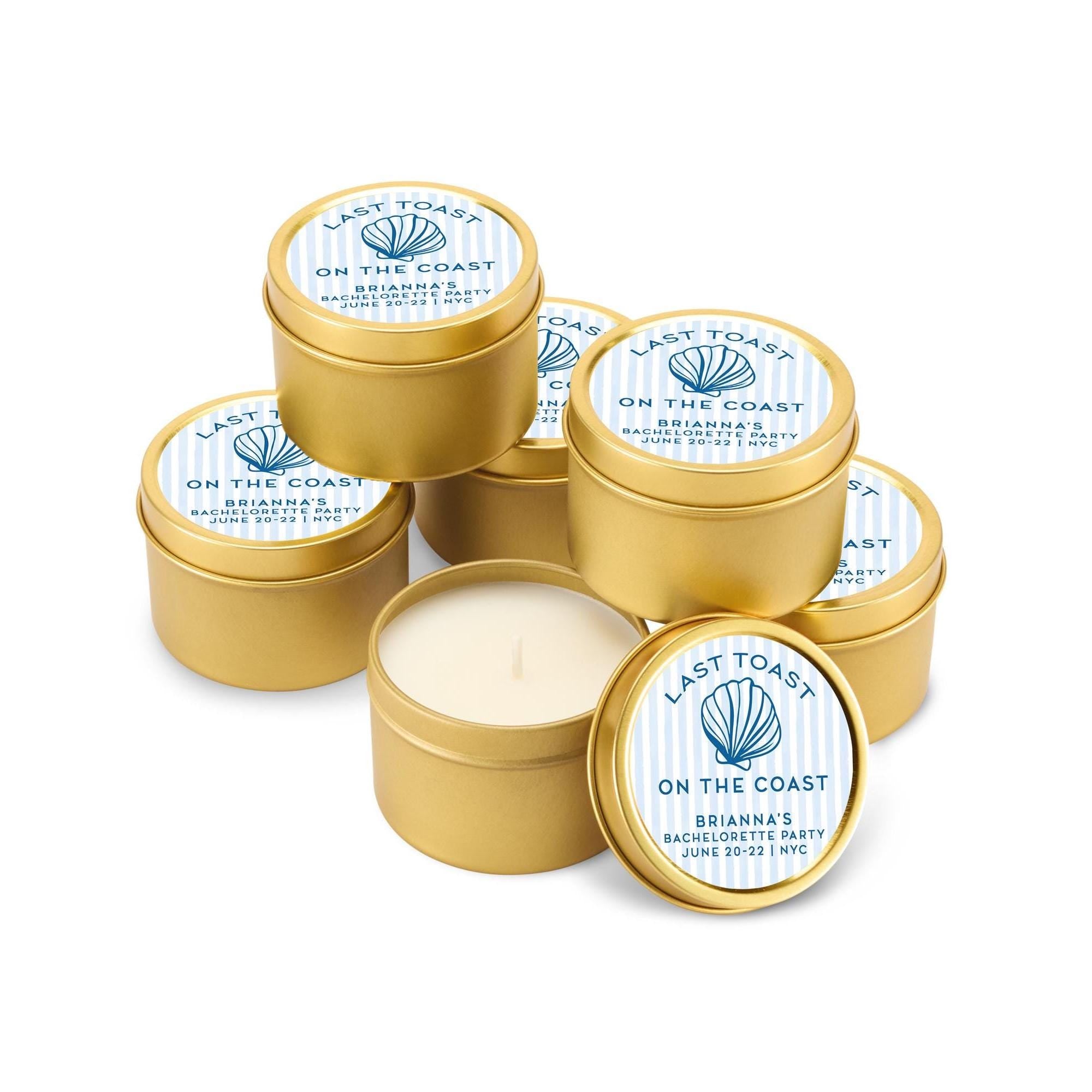 Last Toast on the Coast Shower Favors, Candle Favors for Guests, Set of 10 4oz Gold Candle Tins, Personalized Bridal Shower Gift