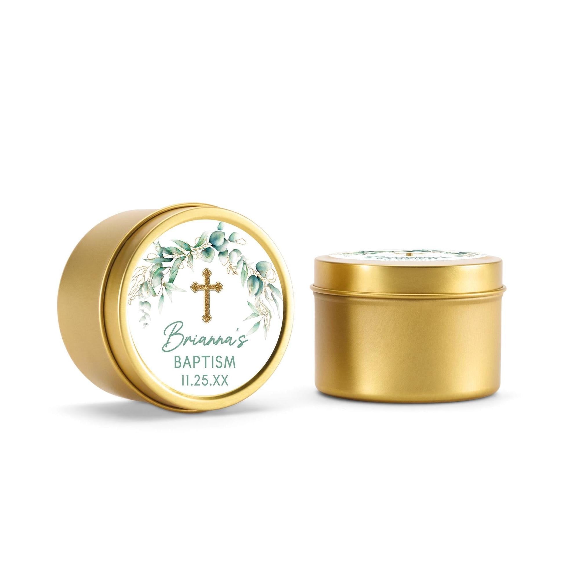 Baptism Candle Favors, Confirmation or Christening Favors, Cross Candle Favors for Guests, Set of 10 4oz Gold Candle Tins