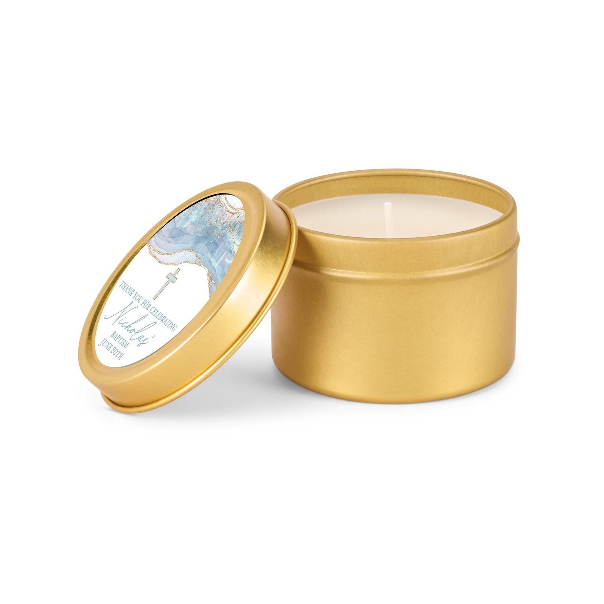 Baptism Blue Cross Candle Favors, Confirmation or Christening Favors, Cross Candle Favors for Guests, Set of 10 4oz Gold Candle Tins