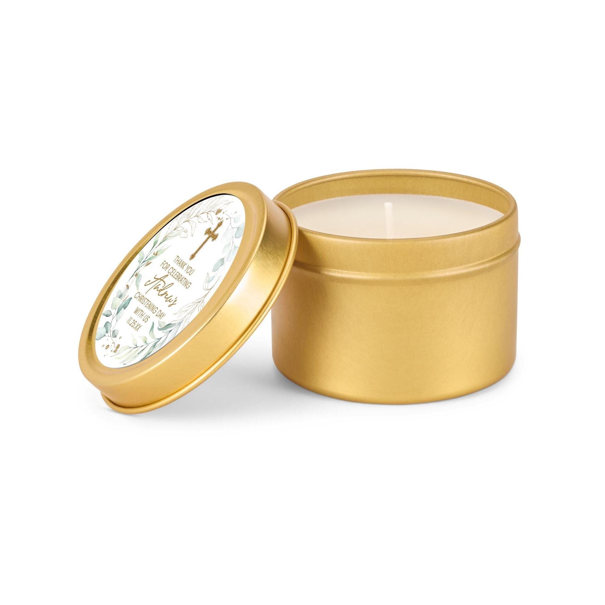 Baptism Cross Candle Favors, Confirmation or Christening Favors, Cross Candle Favors for Guests, Set of 10 4oz Gold Candle Tins