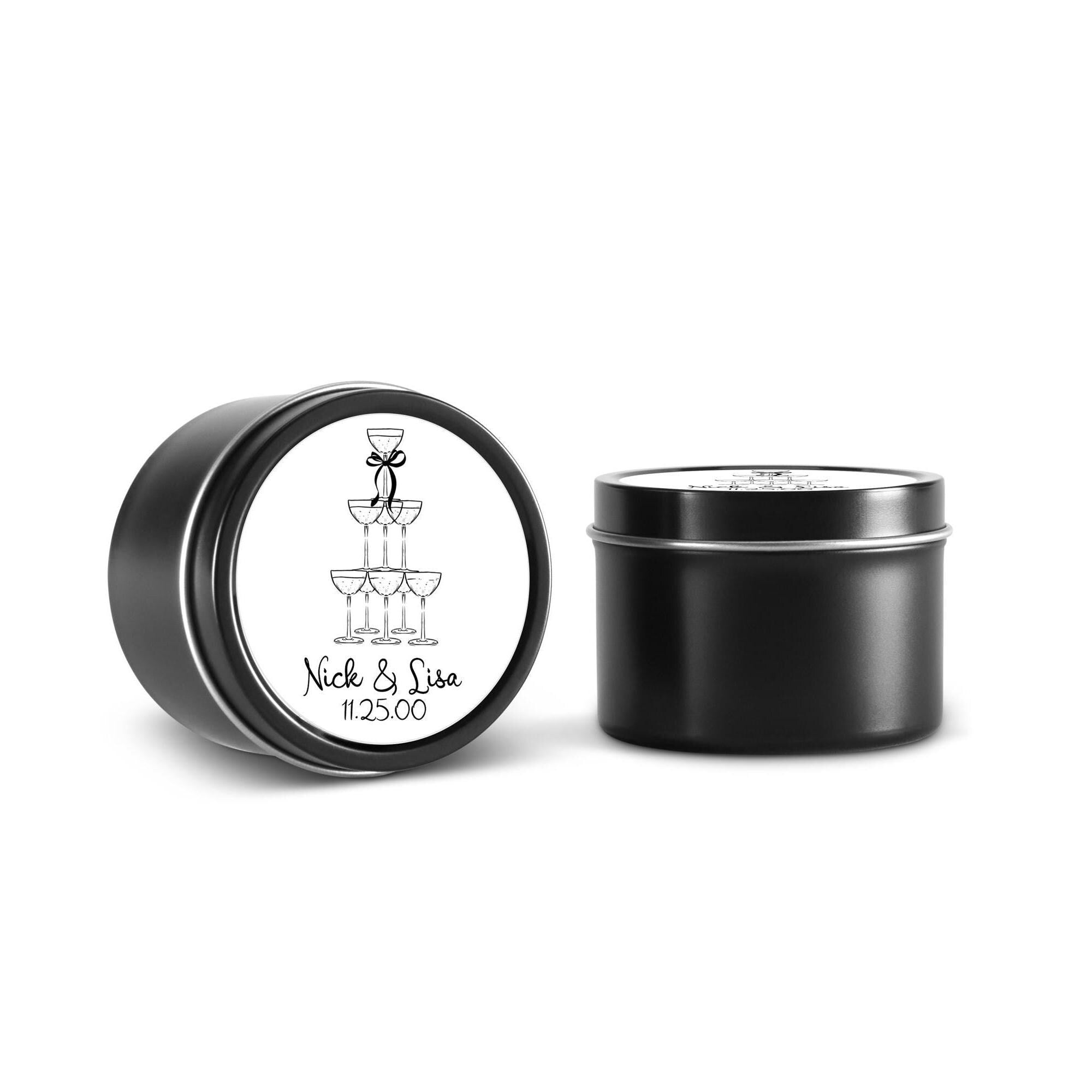Champagne Tower Wedding Favors, Bulk Candle Favors for Guests, Set of 10 Candle Tins, Personalized Wedding Gift, 4oz Black Tin