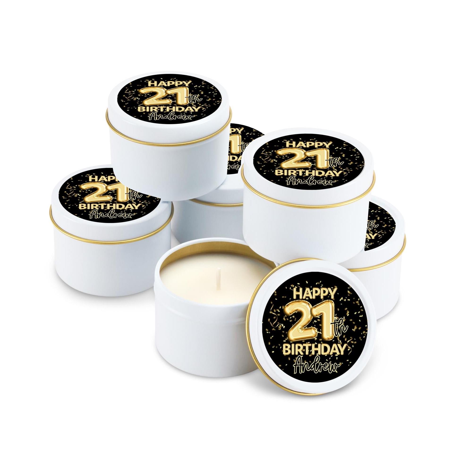 Gold Balloon Birthday Candle Favor, Birthday Gift - 21, 30, 40, 50, Set of 10 4oz White Candle Tins
