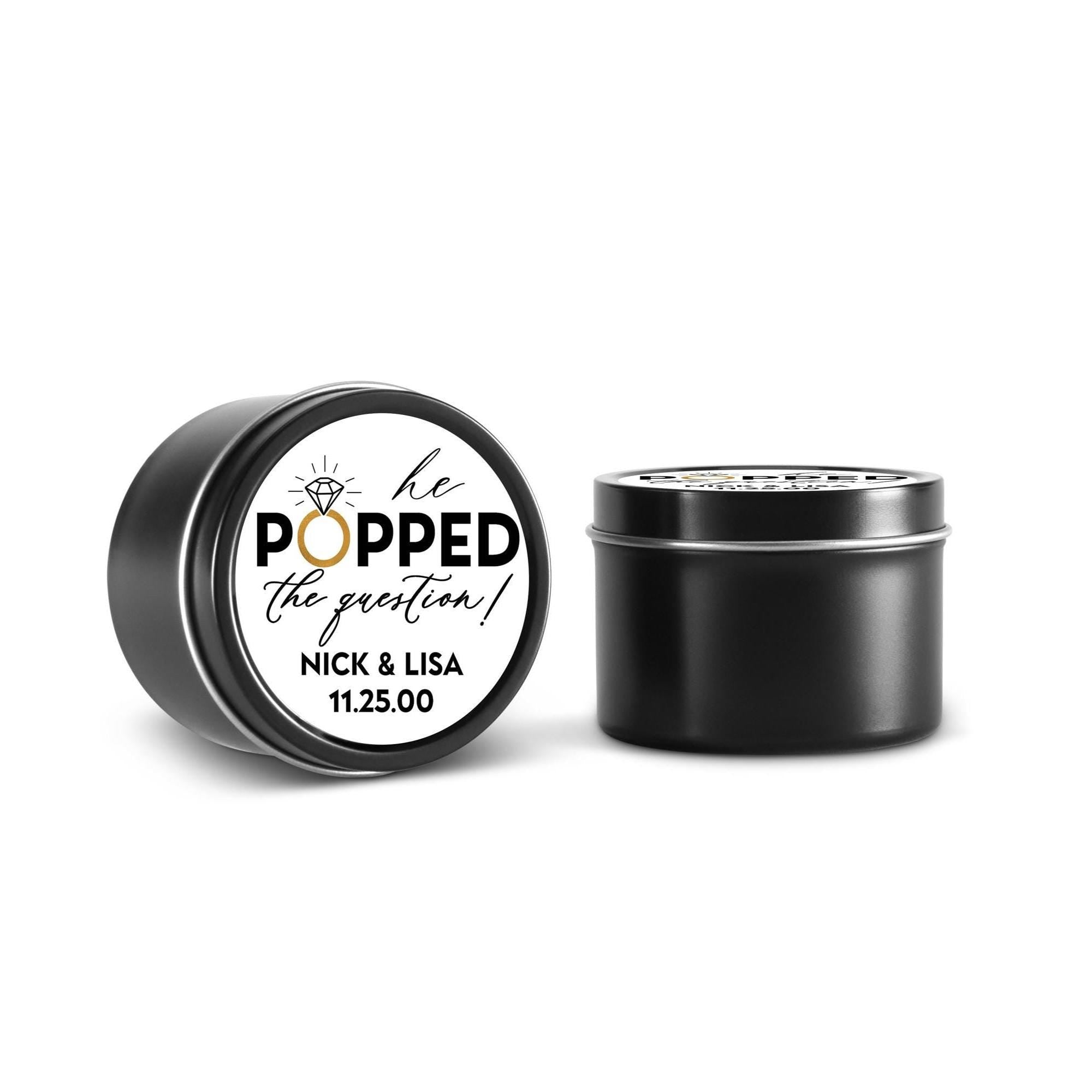Popped The Question Bridal Candle Favors, Set of 10 4oz Black Tin Candles, Personalized Shower Gift