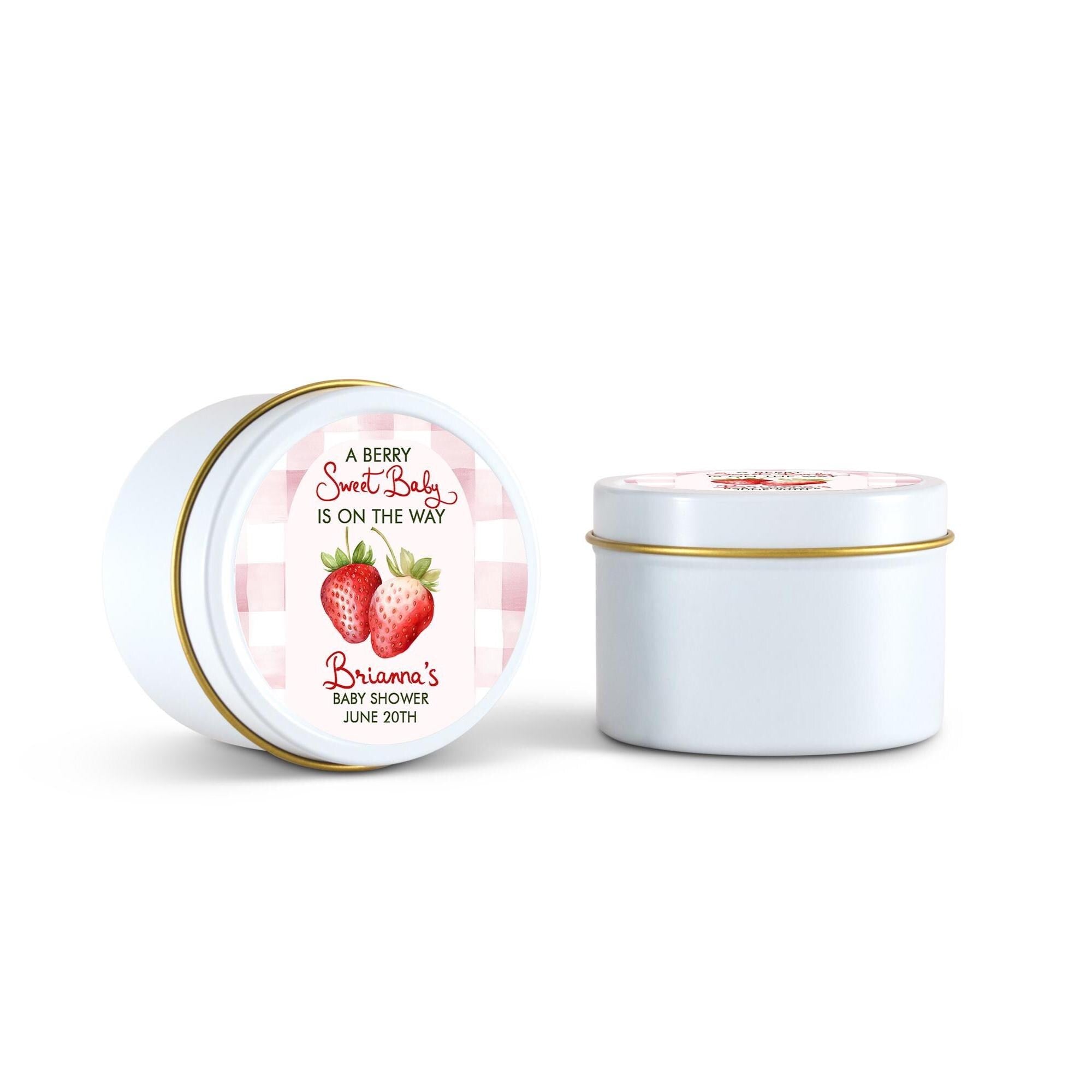 A Berry Sweet Baby Favors, Strawberry Candle Favors, Set of 10 4oz Candle Tins, Personalized Baby Shower Gift