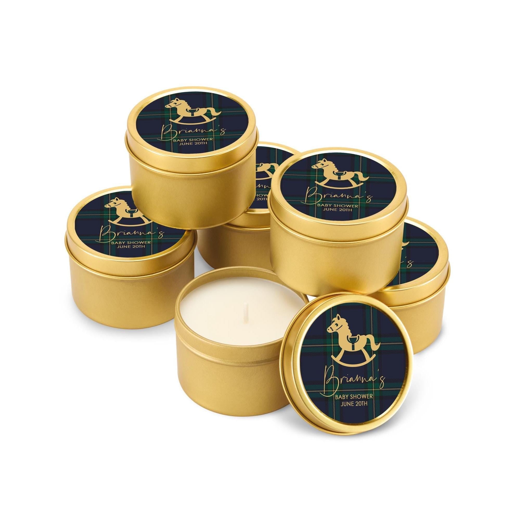 Rocking Horse Baby Favors, Blue Green Plaid Candles, Set of 10 4oz Candle Tins, Personalized Preppy Baby Shower Gift