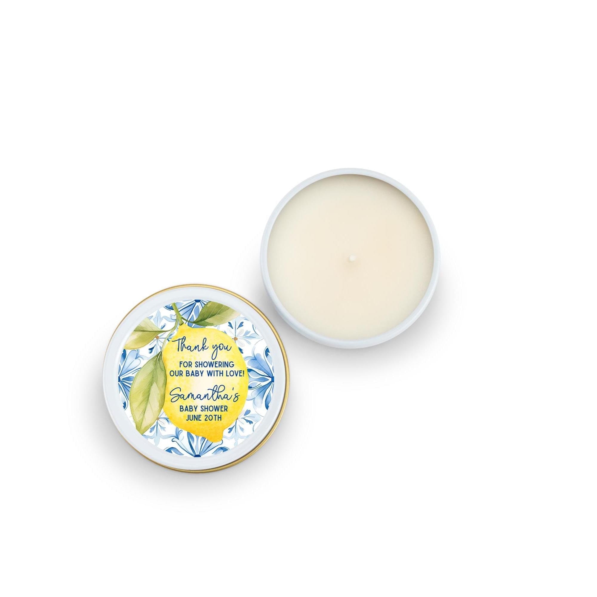 Lemon Citrus with blue tiles Baby Favors, Mediterranean shower decor Candles, Set of 10 4oz Candle Tins, Personalized Baby Shower Gift