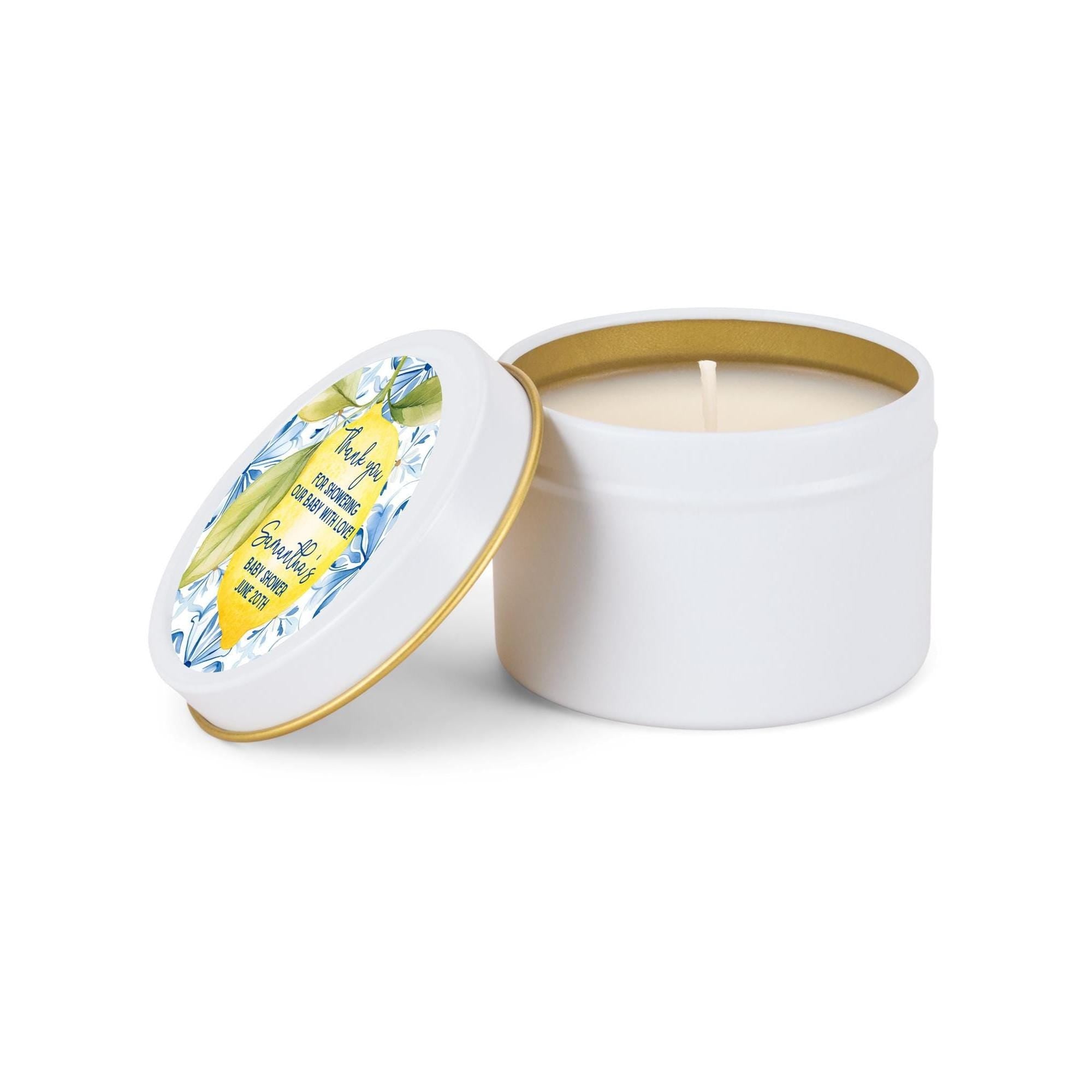 Lemon Citrus with blue tiles Baby Favors, Mediterranean shower decor Candles, Set of 10 4oz Candle Tins, Personalized Baby Shower Gift