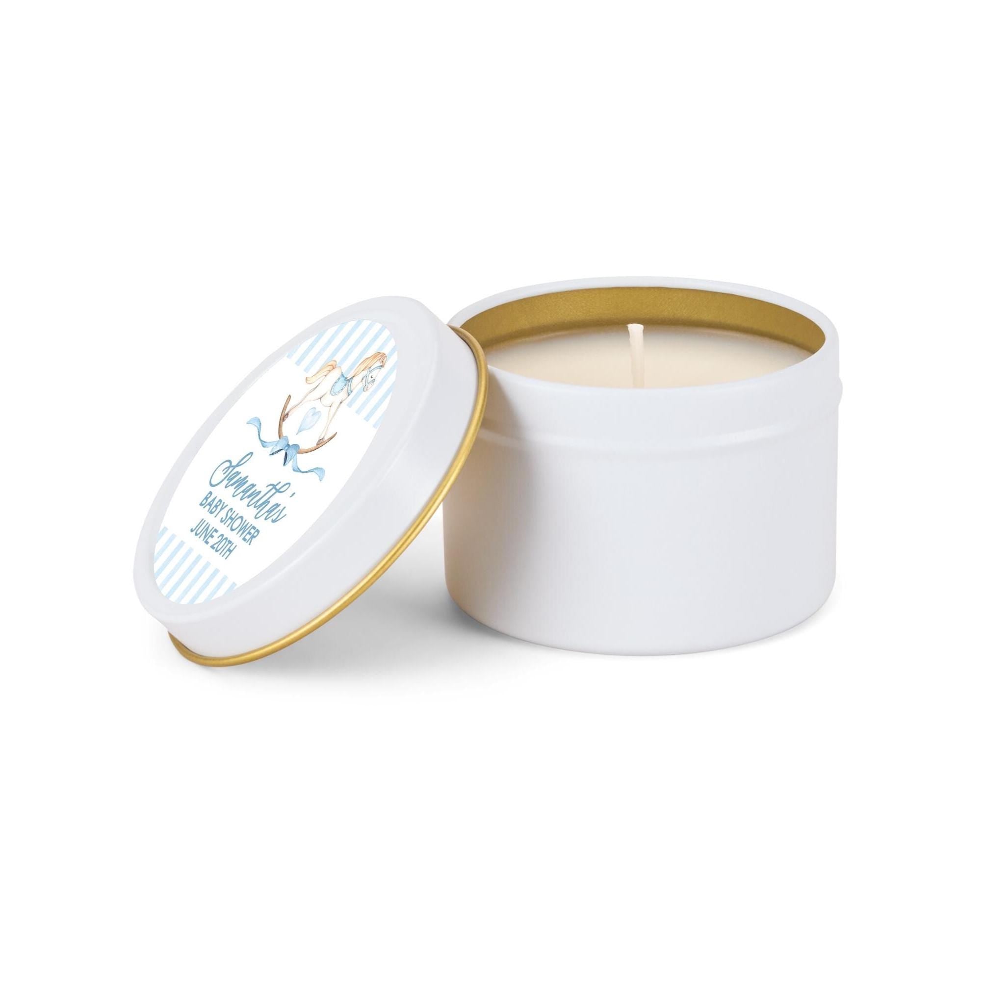 Rocking Horse Baby Favors, Blue Stripe Candles, Set of 10 4oz Candle Tins, Personalized Baby Shower Gift