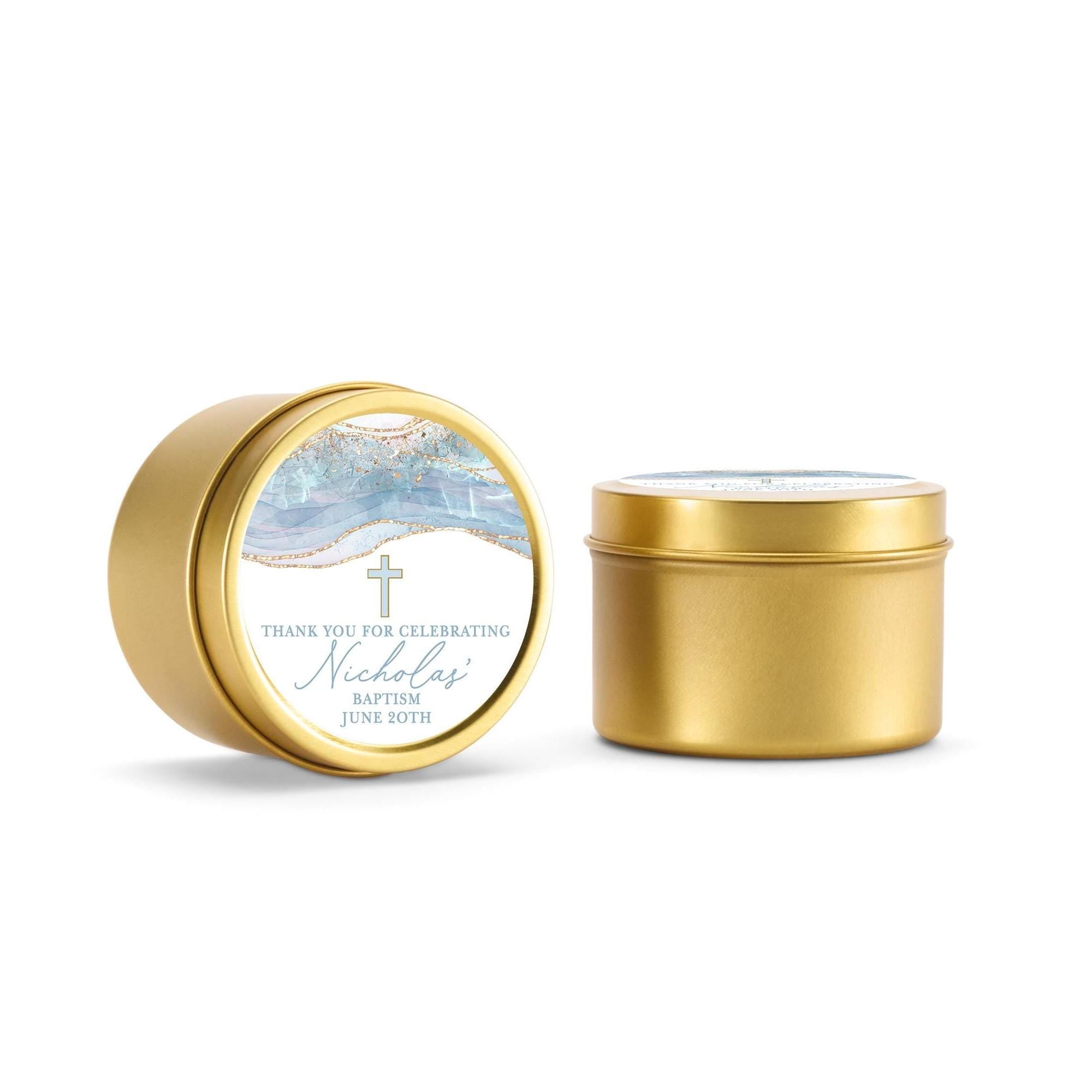 Baptism Blue Cross Candle Favors, Confirmation or Christening Favors, Cross Candle Favors for Guests, Set of 10 4oz Gold Candle Tins