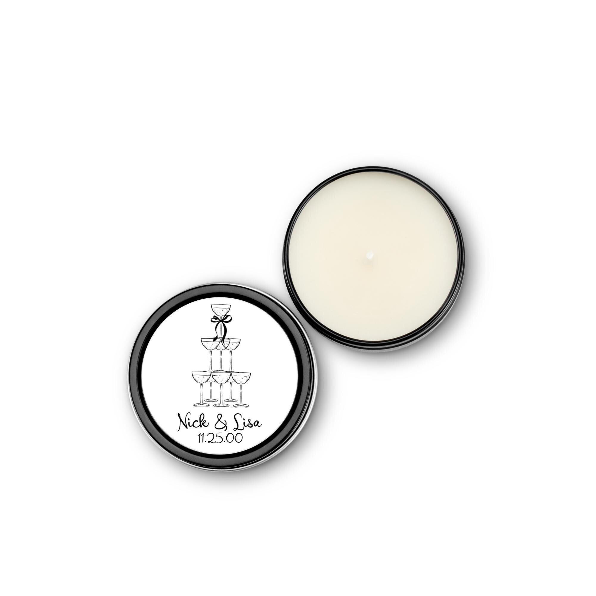 Champagne Tower Wedding Favors, Bulk Candle Favors for Guests, Set of 10 Candle Tins, Personalized Wedding Gift, 4oz Black Tin