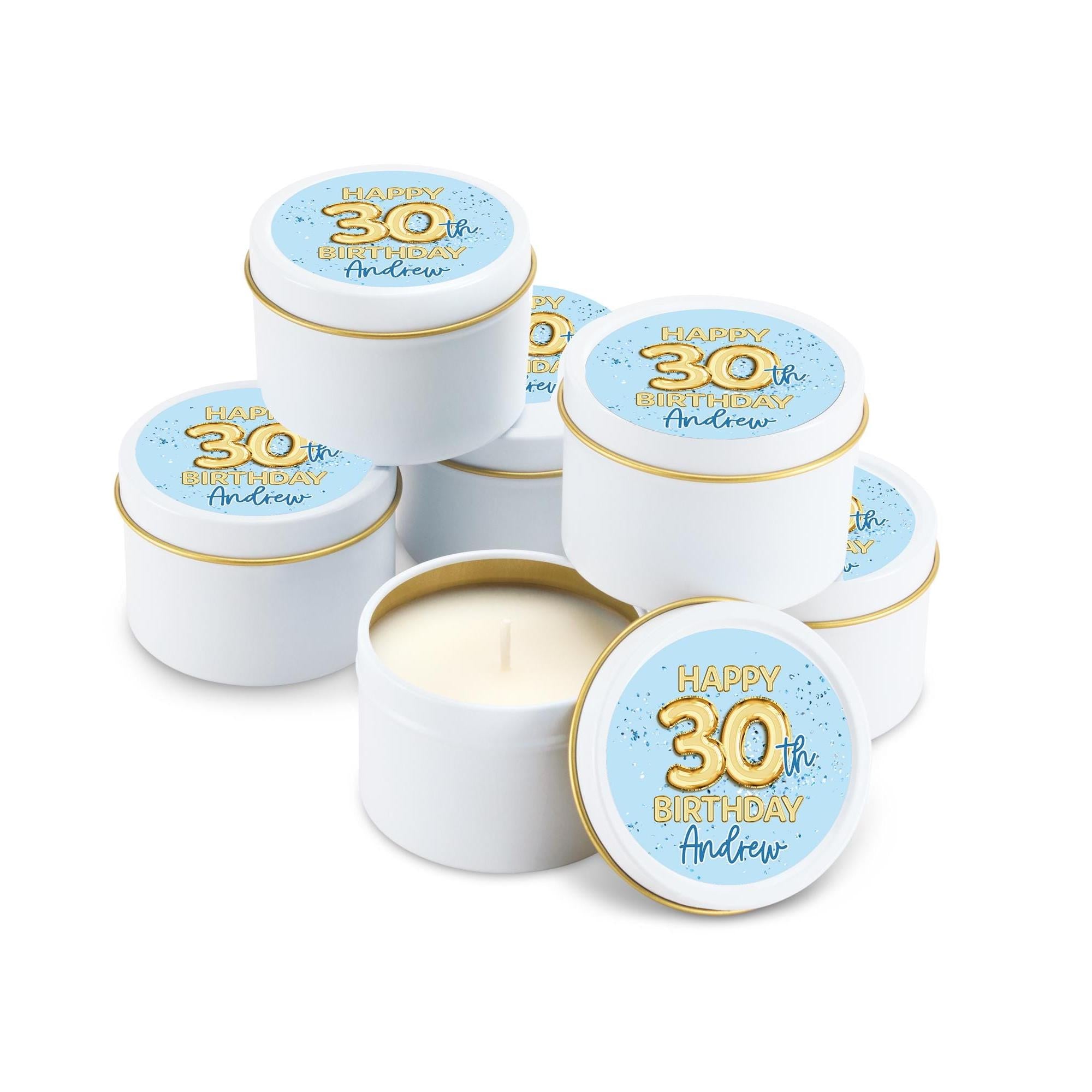 Gold Balloon Birthday Candle Favor, Blue Birthday Gift - 21, 30, 40, 50, Set of 10 4oz White Candle Tins