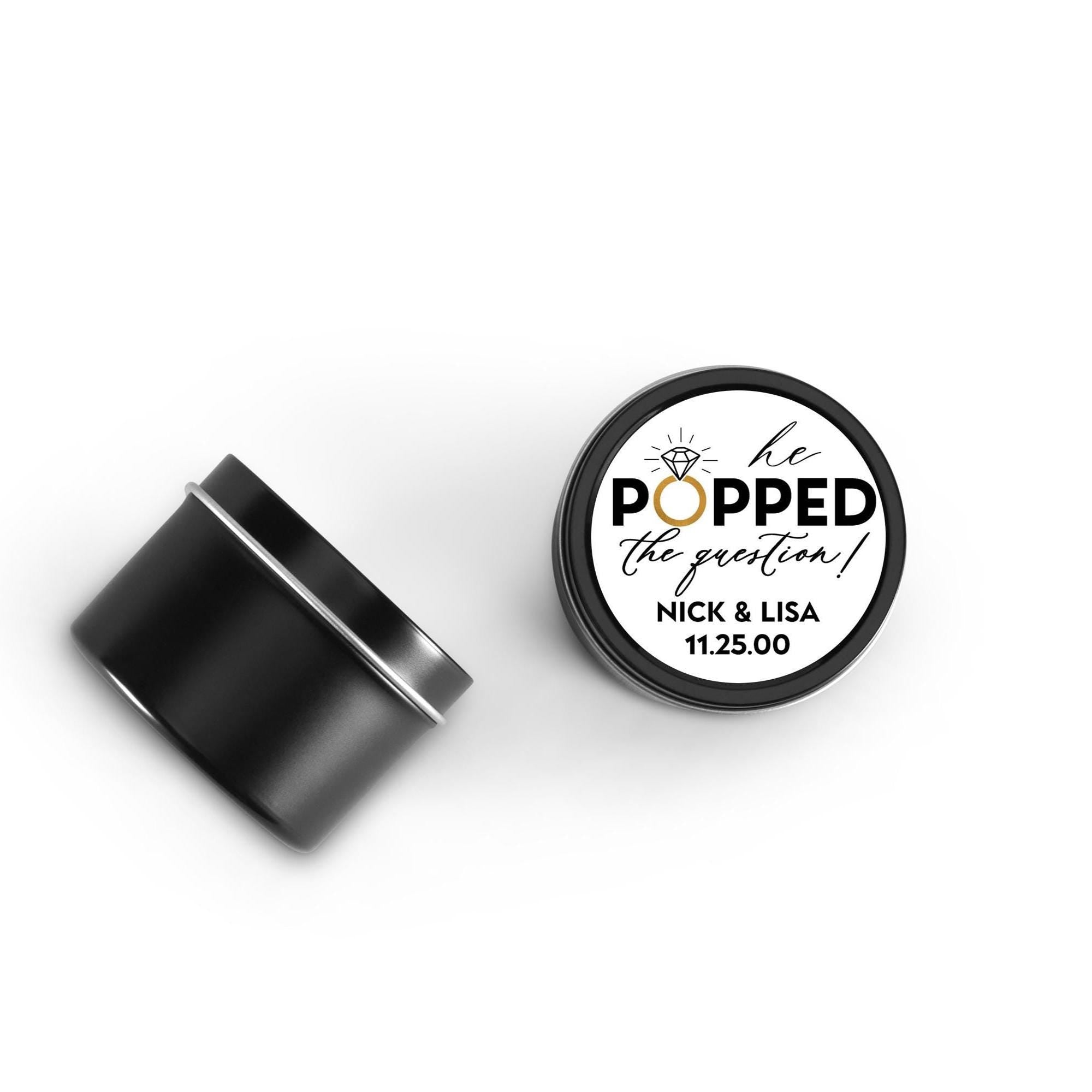 Popped The Question Bridal Candle Favors, Set of 10 4oz Black Tin Candles, Personalized Shower Gift