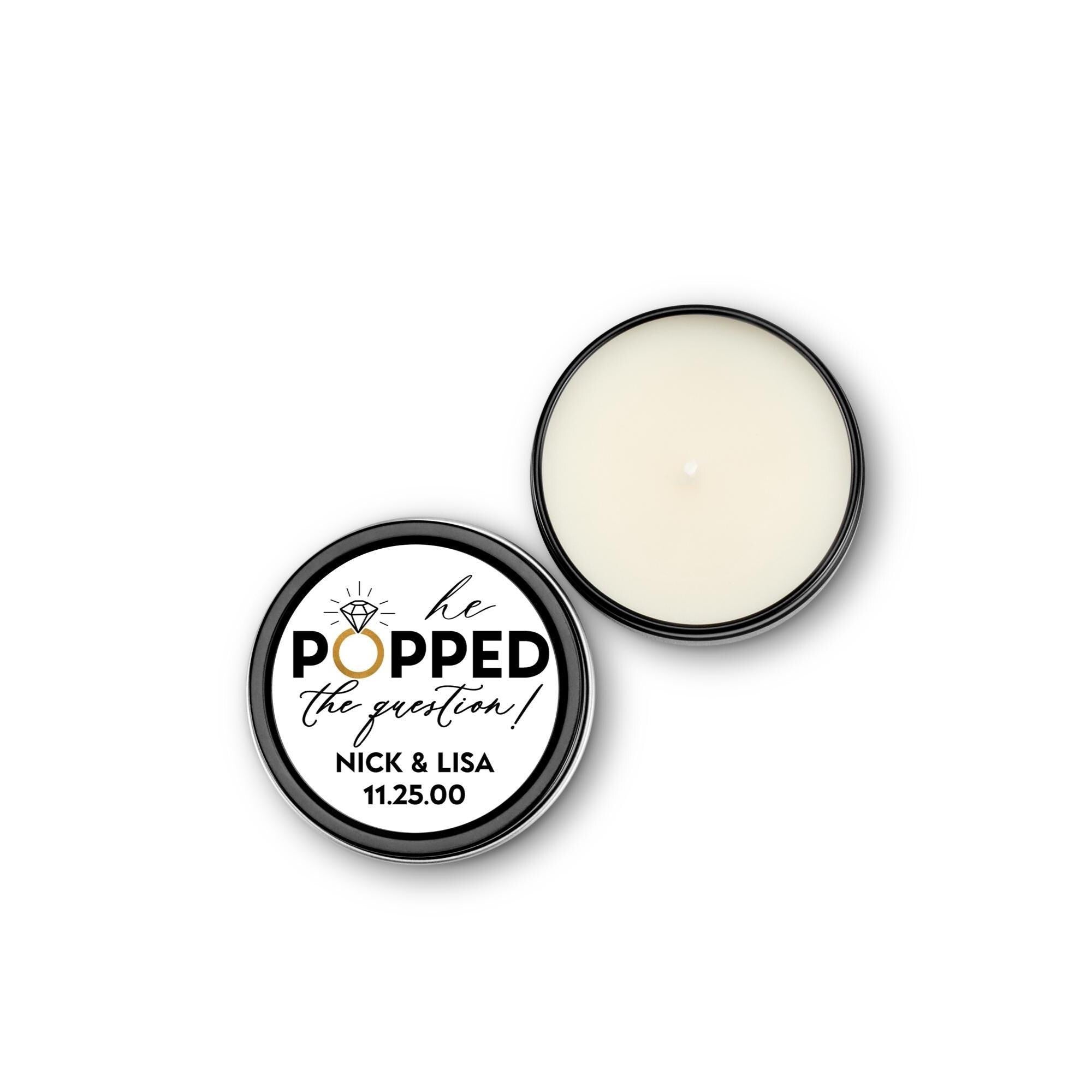 Popped The Question Bridal Candle Favors, Set of 10 4oz Black Tin Candles, Personalized Shower Gift
