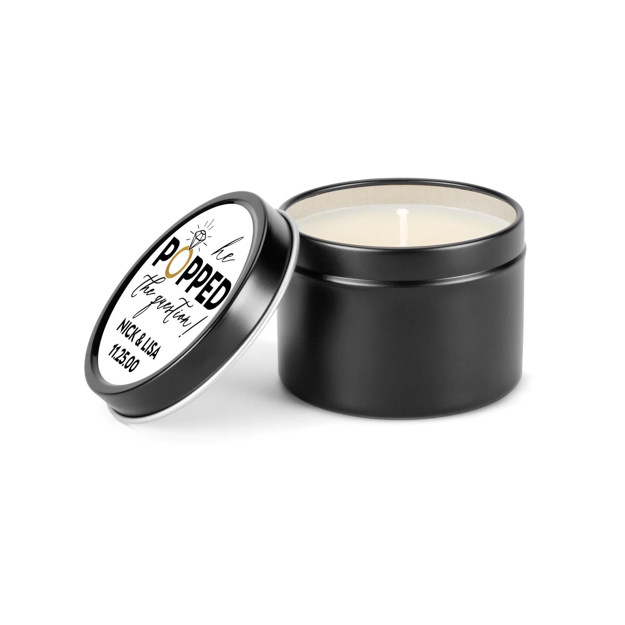 Popped The Question Bridal Candle Favors, Set of 10 4oz Black Tin Candles, Personalized Shower Gift