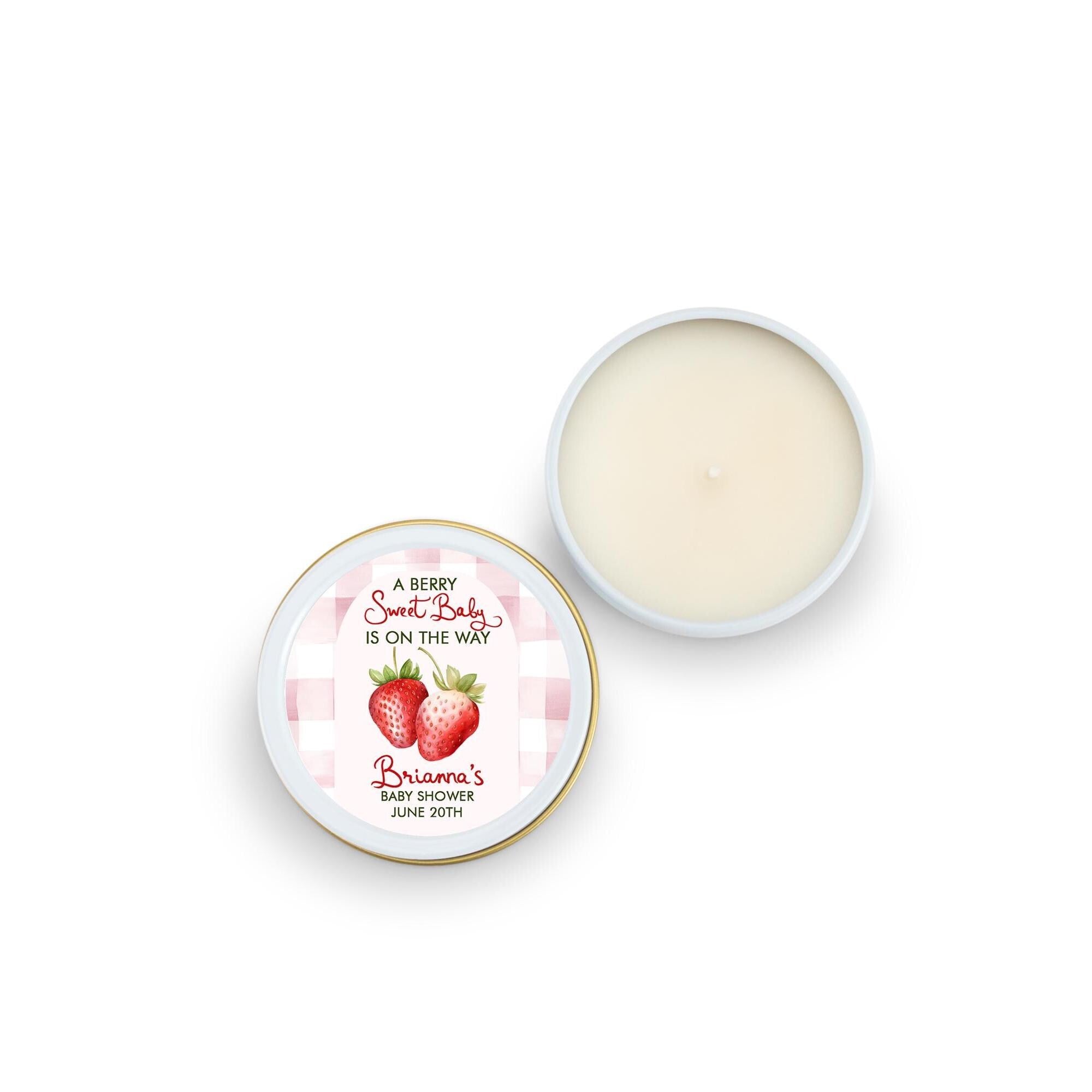 A Berry Sweet Baby Favors, Strawberry Candle Favors, Set of 10 4oz Candle Tins, Personalized Baby Shower Gift