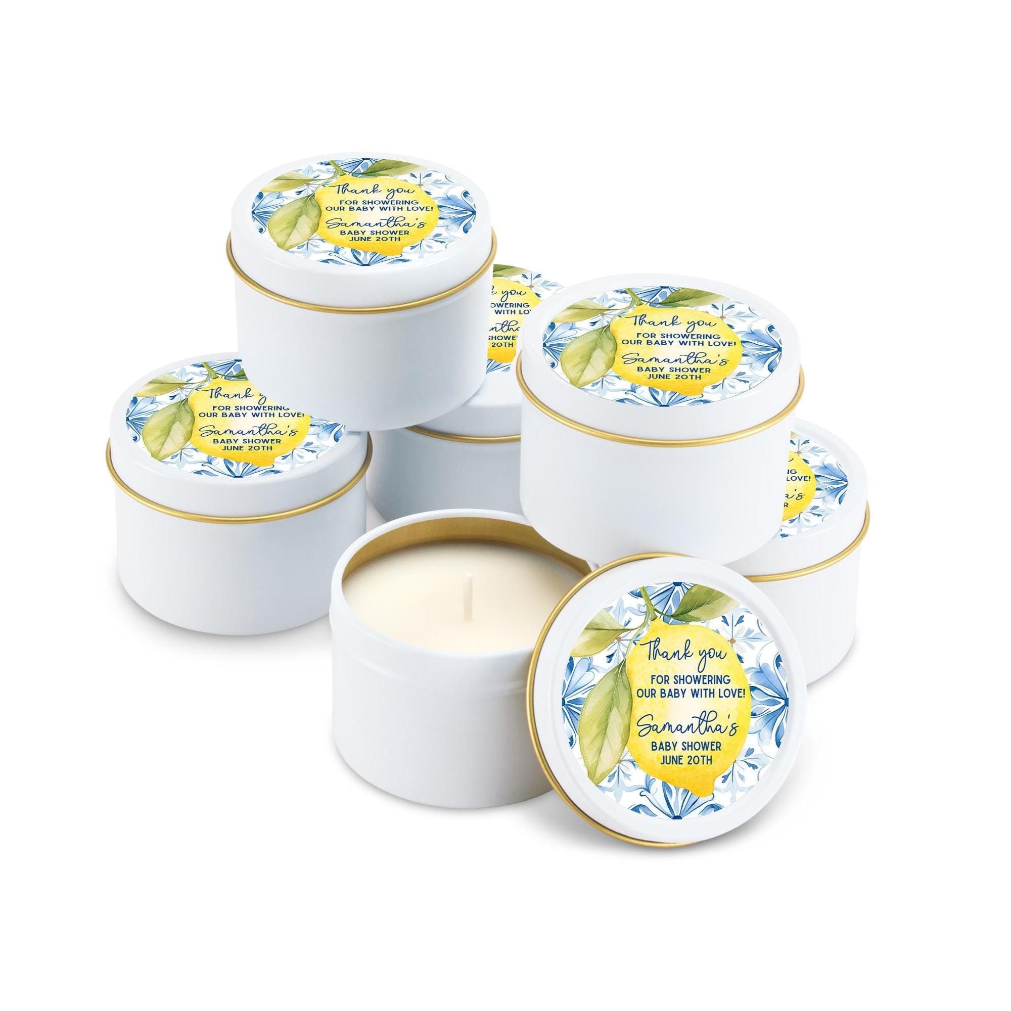 Lemon Citrus with blue tiles Baby Favors, Mediterranean shower decor Candles, Set of 10 4oz Candle Tins, Personalized Baby Shower Gift