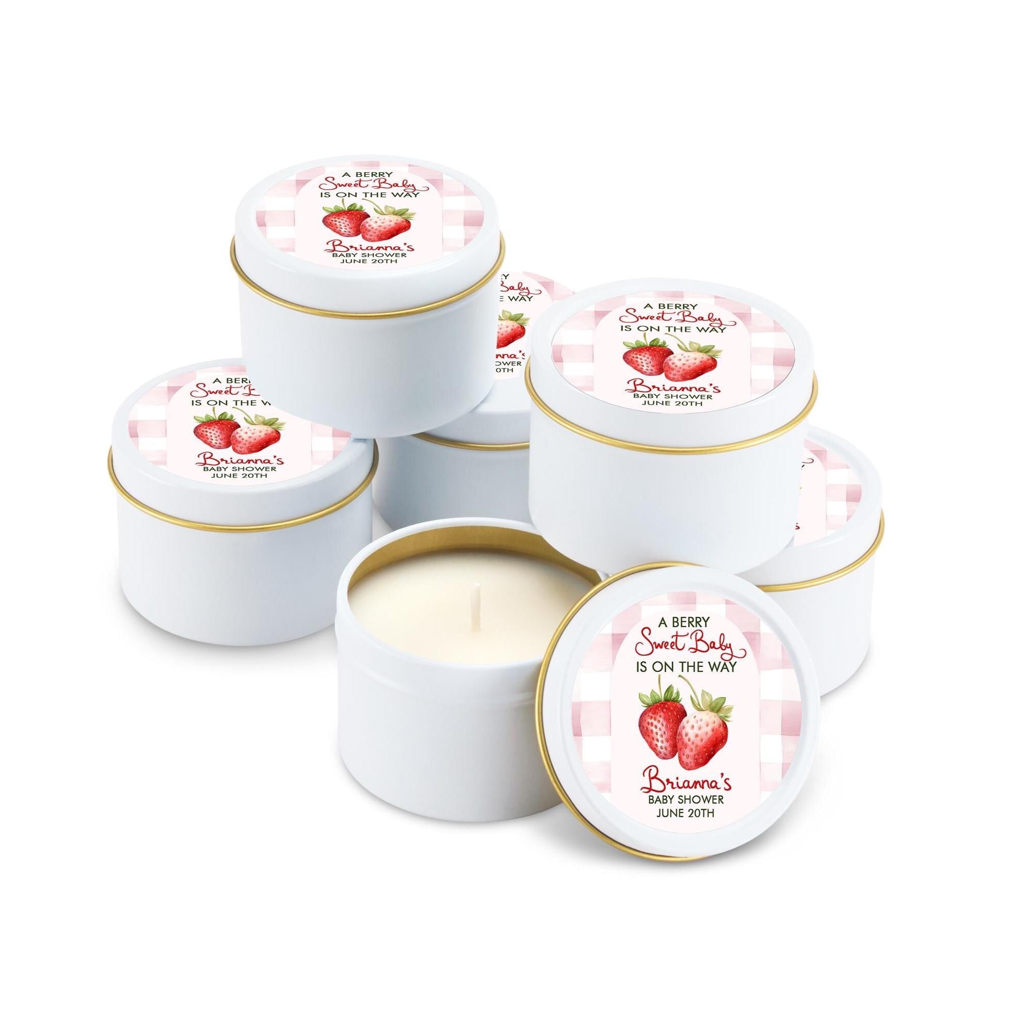 A Berry Sweet Baby Favors, Strawberry Candle Favors, Set of 10 4oz Candle Tins, Personalized Baby Shower Gift