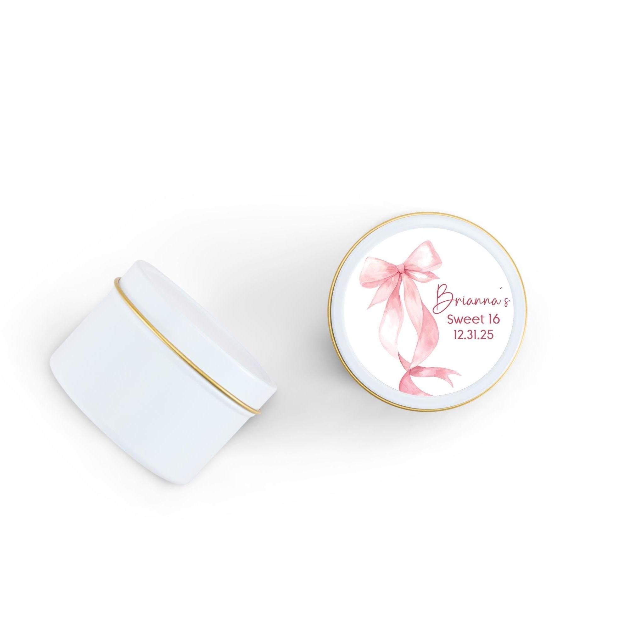 Pink Coquette Bow Birthday Candle Favor, Sweet Sixteen Birthday Gift, Set of 10 4oz White Candle Tins