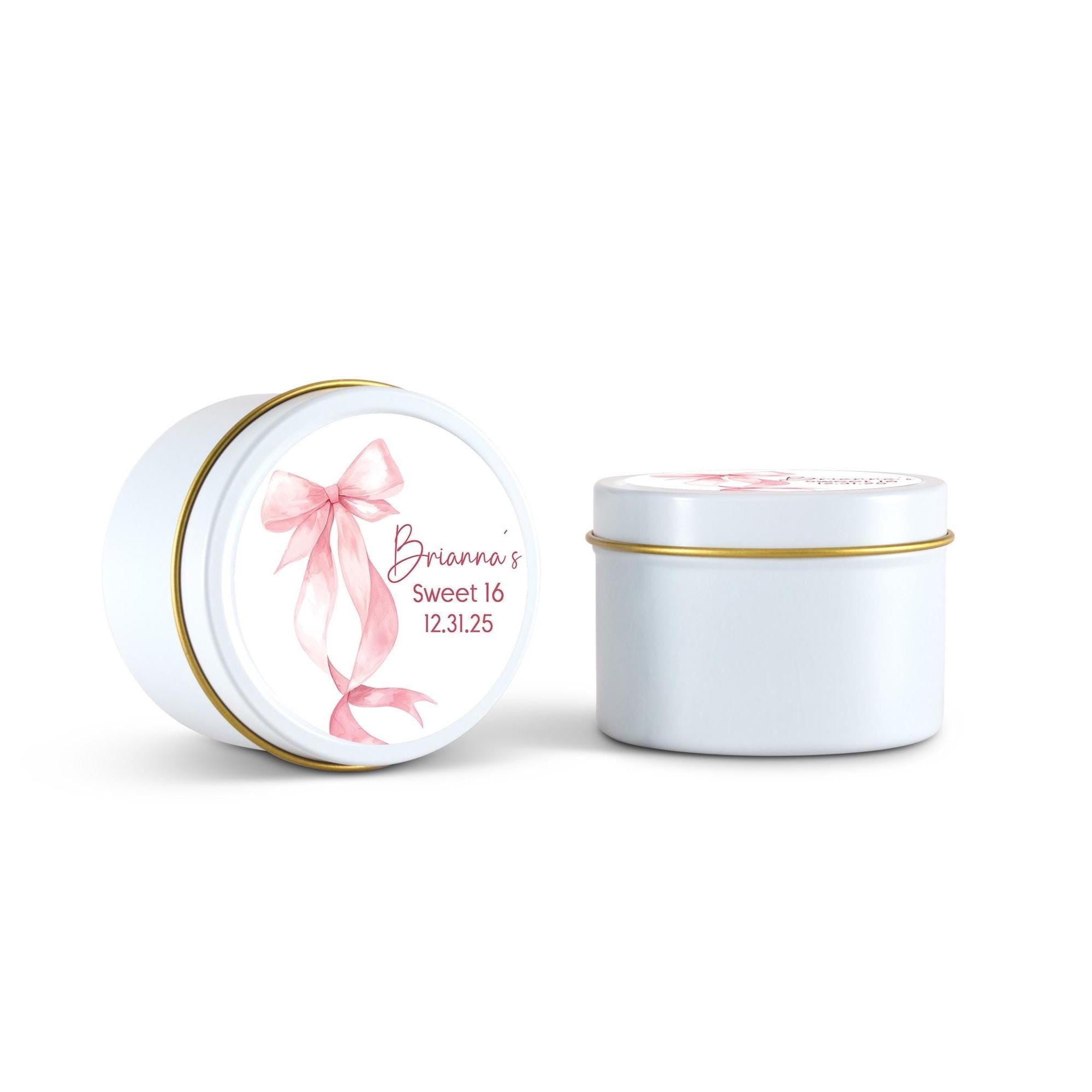 Pink Coquette Bow Birthday Candle Favor, Sweet Sixteen Birthday Gift, Set of 10 4oz White Candle Tins